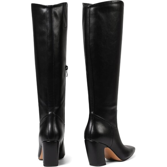 Womens Knee High Black Boots Square Toe Chunky Heel Wide Calf Tall Zipper Boots - Picture 8 of 8